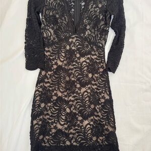 Bebe Black Lace 3/4 Long Sleeve Lace Dress with Nude Underlay